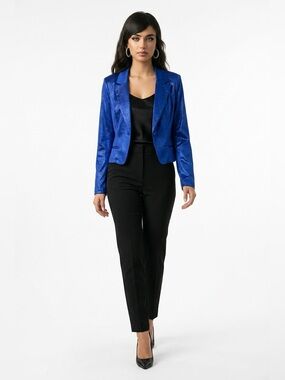Ashley by 26 International Royal Blue Shiny Cropped Blazer Jacket Size XL